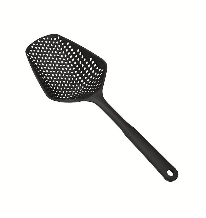 Large Black Plastic Kitchen Strainer Spoon With Long Handle For Cooking Frying Pasta Noodles Vegetables And Ice Cubes - Image 1