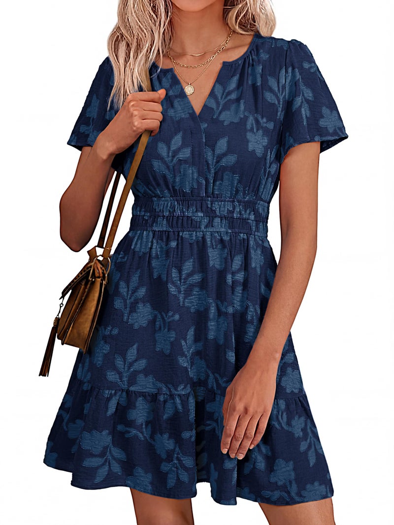 Simplee Womens Summer Floral Dress - Casual Short Sleeve V Neck Empire Waist Boho Flowy A Line Mini Wedding Guest Dresses,Navy Blue L - Image 1