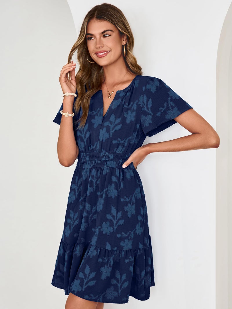 Simplee Womens Summer Floral Dress - Casual Short Sleeve V Neck Empire Waist Boho Flowy A Line Mini Wedding Guest Dresses,Navy Blue L - Image 3
