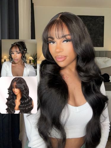 Nadula 7x5 Bye Bye Knots Curtain Bangs Wig Glueless Pre Everything Loose Wave Wigs Human Hair Pre Plucked Pre Cut Invisible Bleached Knots Ready to Wear Wig Natural Black Color 180% Density 20inch - Image 1