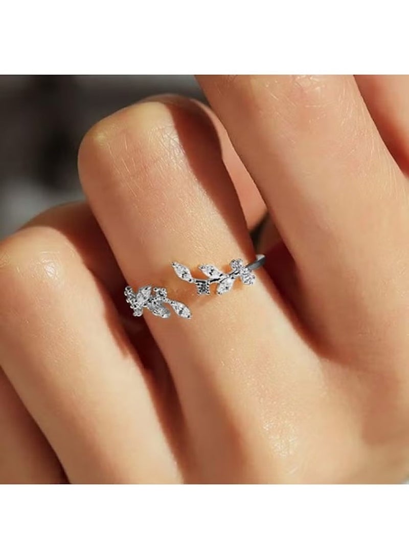 هويتك خاتم أنيق من سبائك معدنية بتصميم أوراق الشجر للنساء - مقاس 6، خاتم أنيق باللون الفضي - Image 2