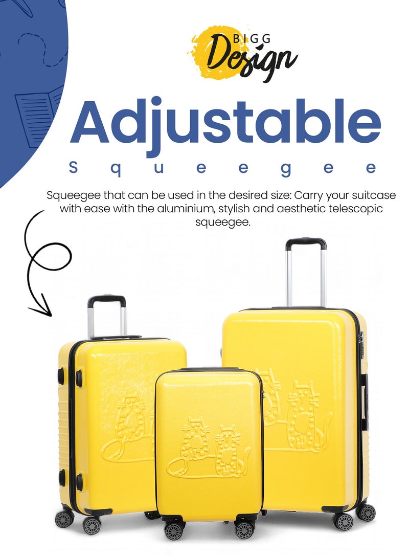 بيج ديزاين حقيبة سفر بتصميم قطط Biggdesign، صفراء، كبيرة، حقيبة صلبة بعجلات دوّارة، حقيبة سفر، نظام قفل، خفيفة الوزن، 28 إنش. - Image 4