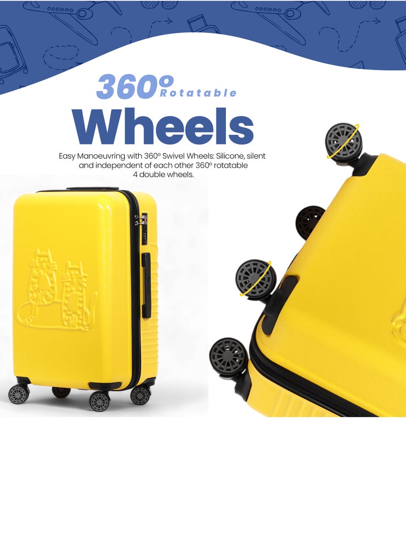 بيج ديزاين حقيبة سفر بتصميم قطط Biggdesign، صفراء، كبيرة، حقيبة صلبة بعجلات دوّارة، حقيبة سفر، نظام قفل، خفيفة الوزن، 28 إنش. - Image 5