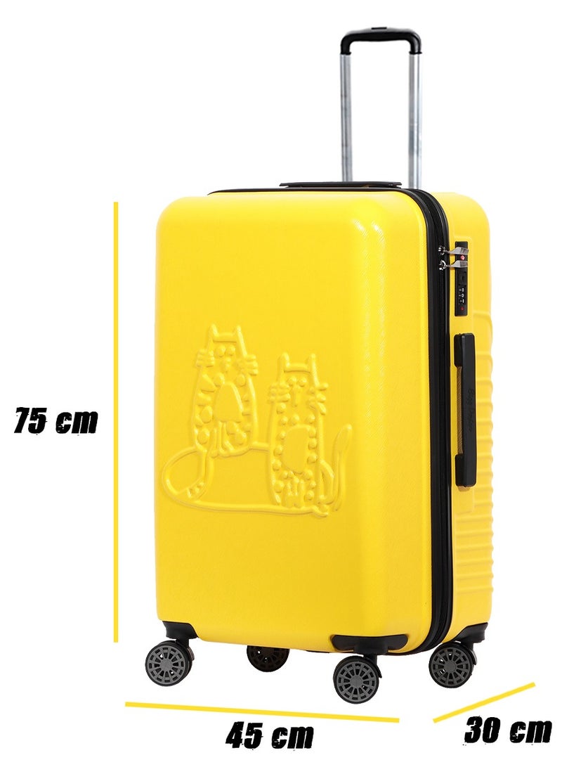 بيج ديزاين حقيبة سفر بتصميم قطط Biggdesign، صفراء، كبيرة، حقيبة صلبة بعجلات دوّارة، حقيبة سفر، نظام قفل، خفيفة الوزن، 28 إنش. - Image 2