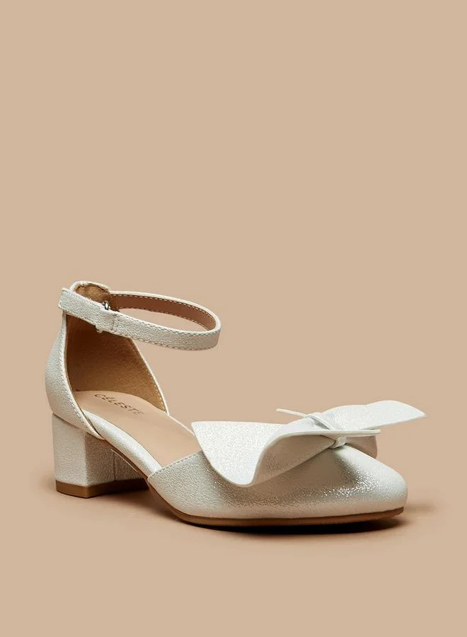 Celeste Girls' Bow Applique Ankle Strap Ballerinas With Block Heels