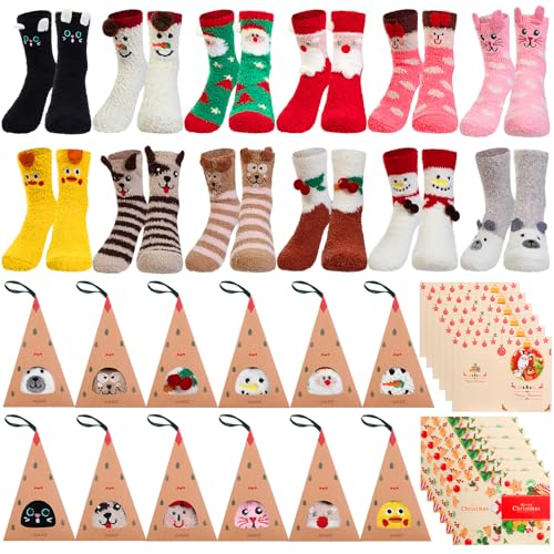 Foaincore 12 Pairs Christmas Fuzzy Socks Bulk in Gift Box Women Cozy Animal Soft Fluffy Slipper Sock Winter Xmas Holiday Gift - Image 1