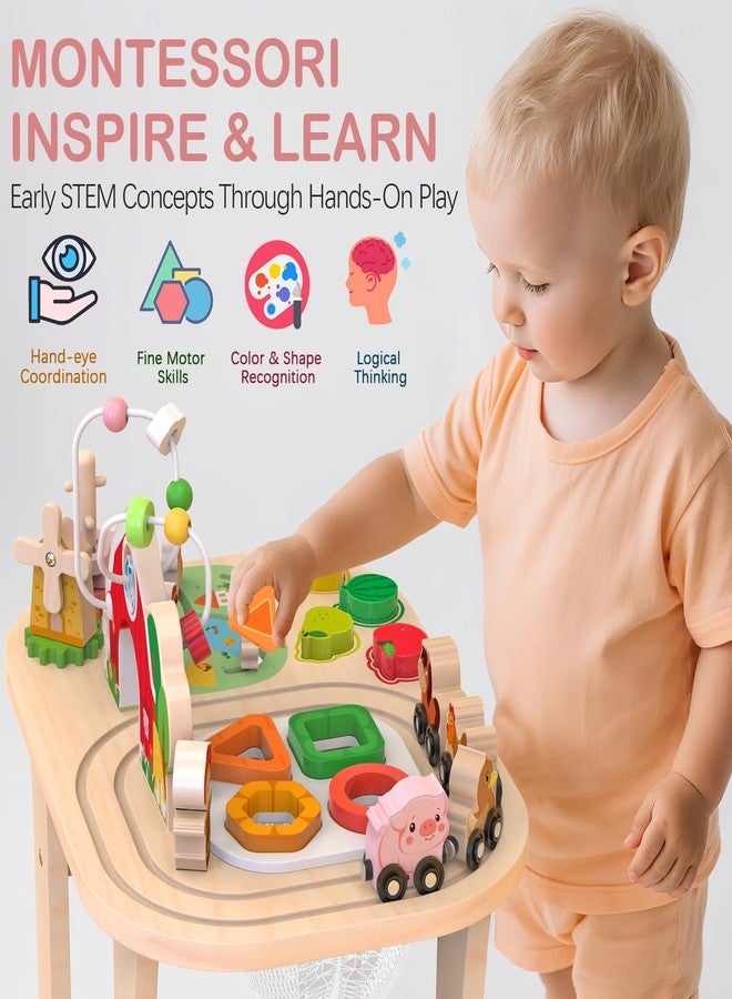 Rmischolar Kids Wooden Farm Activity Table for 1 2 3 Years Old, Montessori Learning Toy with Bead Maze, Shape Sorter & Animal Train, Sensory Development Toy for Toddlers, Educational Gift for Baby Boys Girls 1+ - Image 3