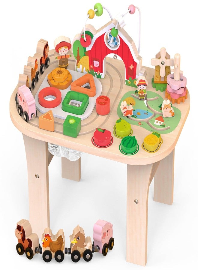 Rmischolar Kids Wooden Farm Activity Table for 1 2 3 Years Old, Montessori Learning Toy with Bead Maze, Shape Sorter & Animal Train, Sensory Development Toy for Toddlers, Educational Gift for Baby Boys Girls 1+ - Image 1