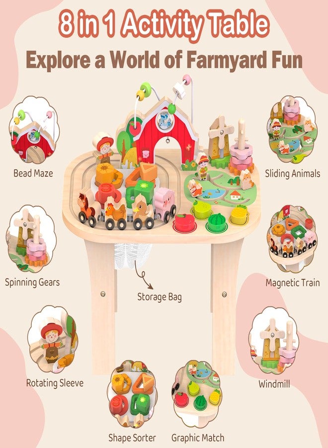 Rmischolar Kids Wooden Farm Activity Table for 1 2 3 Years Old, Montessori Learning Toy with Bead Maze, Shape Sorter & Animal Train, Sensory Development Toy for Toddlers, Educational Gift for Baby Boys Girls 1+ - Image 2