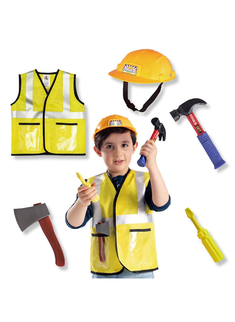 Kidwala construction worker costume dress up set safety vest & yellow helmet  construction worker outfit with realistic tool accessories hammer & screw worker tools educational costume for boys - Image 1