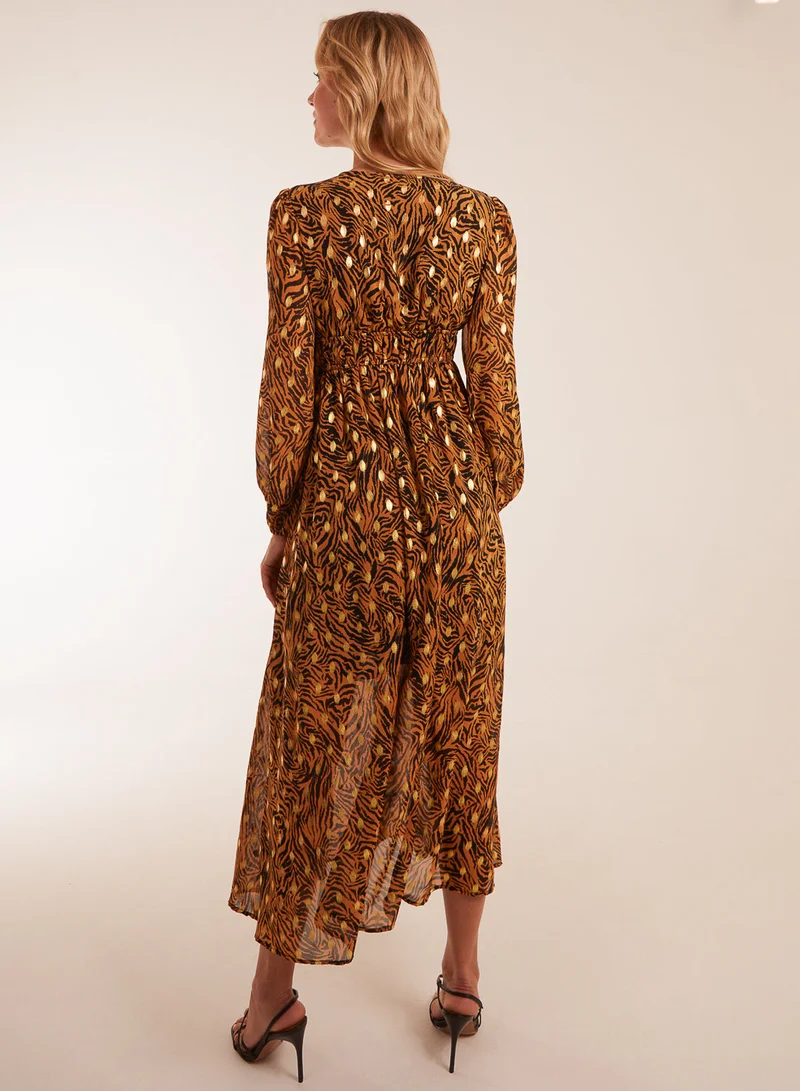 Blue Vanilla Shirred Waist Animal And Foil Print Maxi Dress