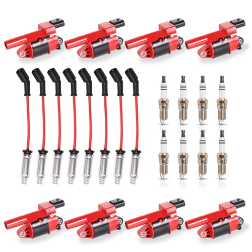 ENA 8 Red Ignition Coil with Spark Plug and Red Wire Set Compatible with Cadillac Chevrolet CTS Escalade Express Suburban Savanna Colorado Avalanche Canyon Allure Impala Corvette Silverado Tahoe - Image 1