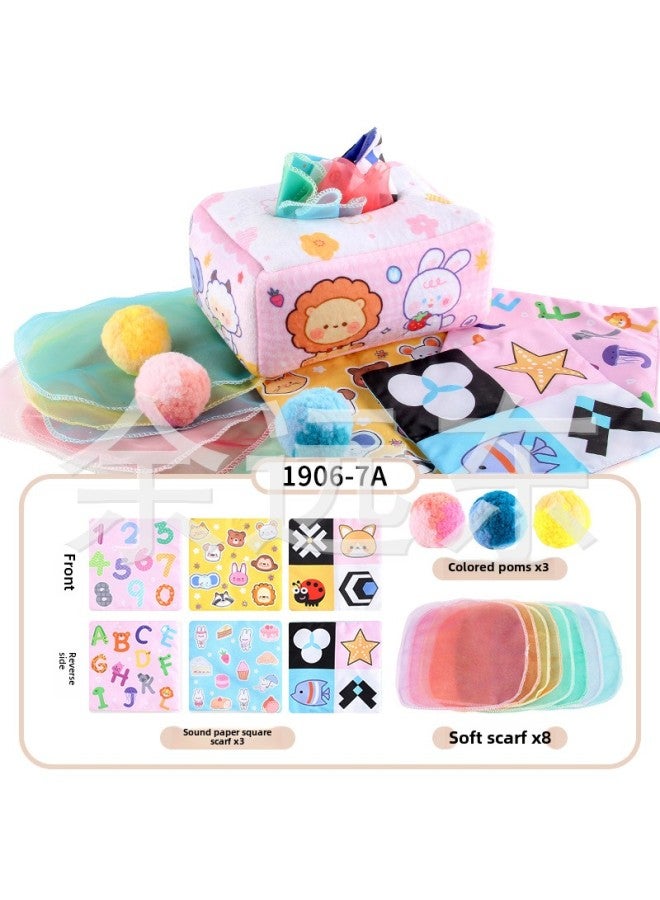 Baby Early Education Cloth Book Tissue Box Ring Paper Square Towel Cognitive Animal English Tear Not To Rip Children's Tissue Toy-Color:1906-7A Animal Pink Towel Box With Pompom 79.8G Volume Weight 350 Grams  - Image 1