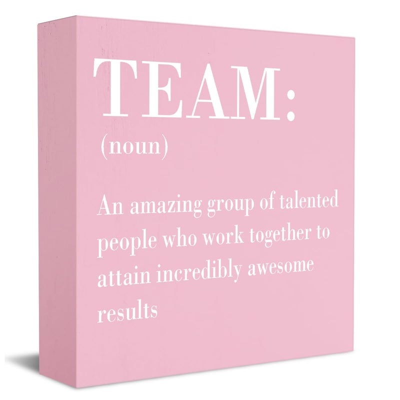 HTBIG Inspirational Team Noun Office Decor Desk Decor Wooden Box Sign Rustic Pink Wood Block Plaque Box Sign for Home Office Desk Shelf Table Decoration Coworker Gift Team Definition Teamwork Sign - Image 1
