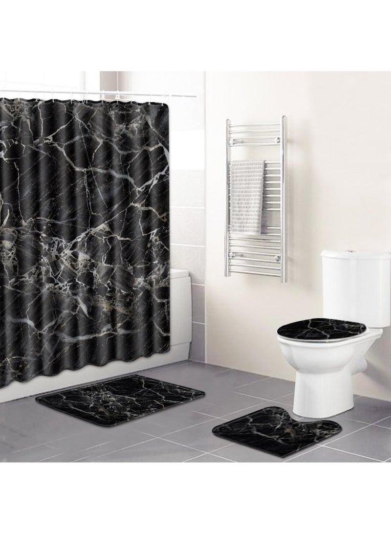 Bluejw 4PCS Printed Shower Curtain Set Polyester Material Marble Pattern Thickened Shower Curtain Set Includes Floor Mat Toilet Seat Cover Anti-skid Pad At The Bottom Of Toilet Ring And Shower C - Image 1