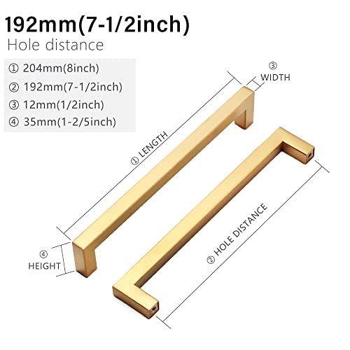 Redunest Cabinet Pulls Gold Cabinet Handles Square Drawer Pulls, 10 Pack 7-1/2 Inch Stainless Steel Kitchen Door Cupboard Cabinet Handles, Drawer Hardware Handles, 192mm Hole Centers - Image 2