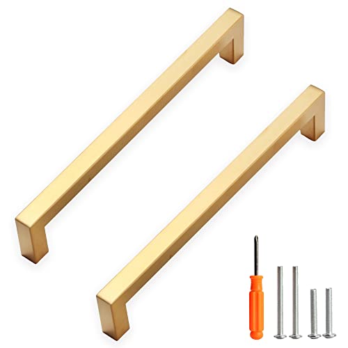 Redunest Cabinet Pulls Gold Cabinet Handles Square Drawer Pulls, 10 Pack 7-1/2 Inch Stainless Steel Kitchen Door Cupboard Cabinet Handles, Drawer Hardware Handles, 192mm Hole Centers - Image 1