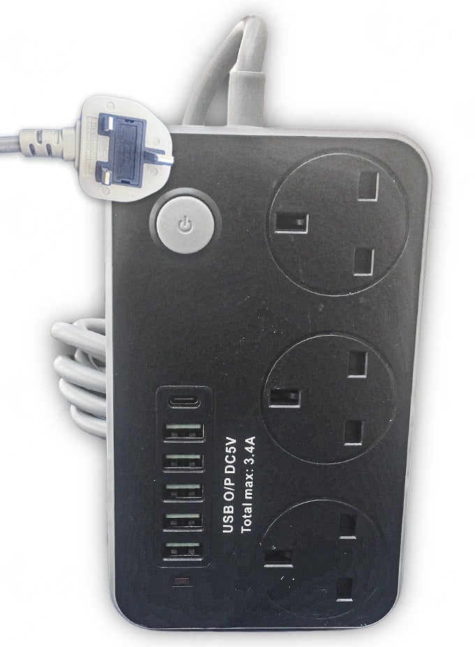 مقبس طاقة عالي الجودة 3 منافذ تيار متردد l 5 منافذ USB l منفذ واحد من النوع C l 2500 وات مع حماية من التحميل الزائد وطول سلك تمديد 3 أمتار - Image 1