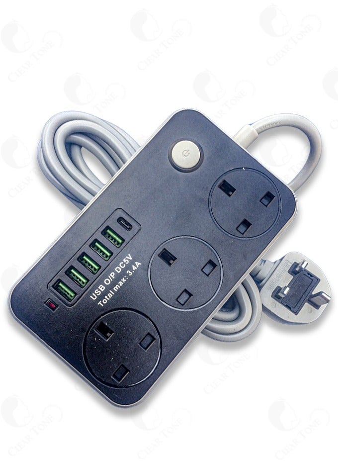 مقبس طاقة عالي الجودة 3 منافذ تيار متردد l 5 منافذ USB l منفذ واحد من النوع C l 2500 وات مع حماية من التحميل الزائد وطول سلك تمديد 3 أمتار - Image 2