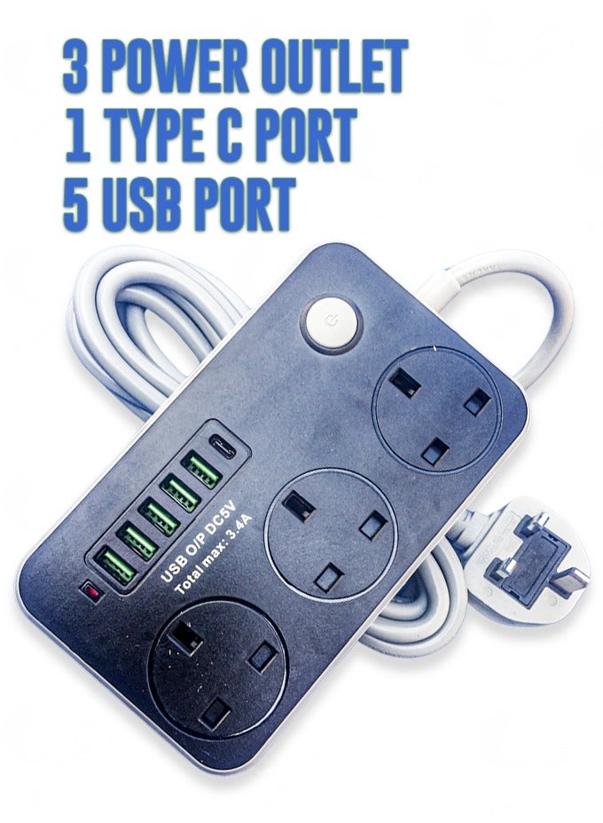 مقبس طاقة عالي الجودة 3 منافذ تيار متردد l 5 منافذ USB l منفذ واحد من النوع C l 2500 وات مع حماية من التحميل الزائد وطول سلك تمديد 3 أمتار - Image 3