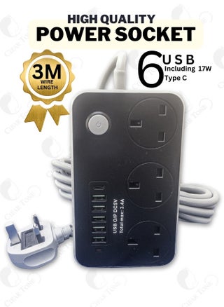 High Quality Ultimate Power Socket 3 AC Outlets l 5 USB Ports l 1 Type-C Port l 2500W With Overload Protection & 3 Meter Extension Cord Length - pzsku/Z56F8B7C8E073ABD7048EZ/45/_/1719239470/fac05fb0-2a8e-49d3-910e-3325d9a0b5a6