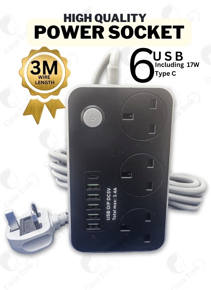 Generic - High Quality Ultimate Power Socket 3 AC Outlets l 5 USB Ports l 1 Type-C Port l 2500W With Overload Protection & 3 Meter Extension Cord Length - Image 1
