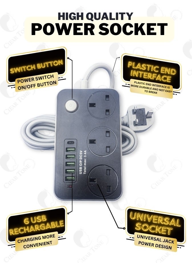 Generic - High Quality Ultimate Power Socket 3 AC Outlets l 5 USB Ports l 1 Type-C Port l 2500W With Overload Protection & 3 Meter Extension Cord Length - Image 1