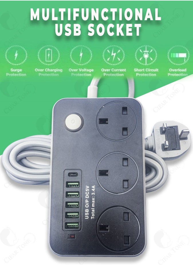 Generic - High Quality Ultimate Power Socket 3 AC Outlets l 5 USB Ports l 1 Type-C Port l 2500W With Overload Protection & 3 Meter Extension Cord Length - Image 1