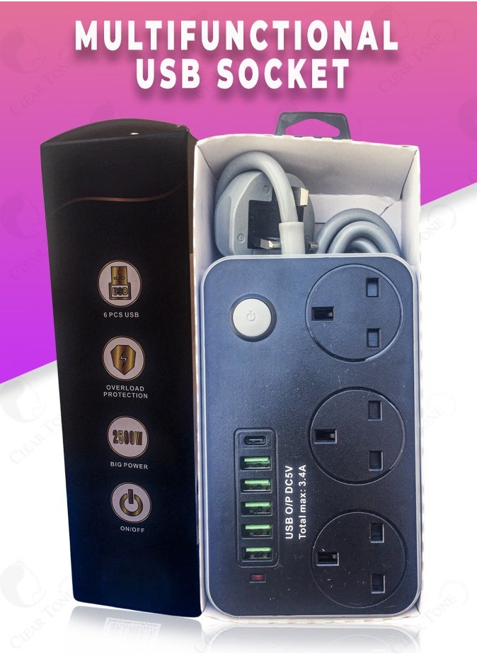 Generic - High Quality Ultimate Power Socket 3 AC Outlets l 5 USB Ports l 1 Type-C Port l 2500W With Overload Protection & 3 Meter Extension Cord Length - Image 1