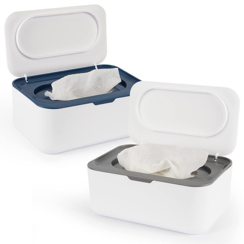 Flenpptly 2 Pack Baby Wipes Dispenser  Wipes Case Baby Wipe Holder Keeps Wipes Fresh  Non-Slip  Easy Open & Close (Grey And Blue) - Image 1