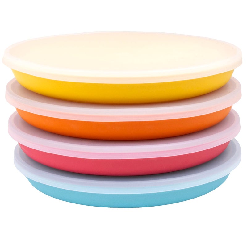 WeeSprout Bamboo Plates with Silicone Lids, Set of 4, Kid-Sized Dinnerware, Cereal, Leftovers & Snacks, Dishwasher Safe Melamine Dishware (Blue, Yellow, Orange, and Red) - Image 1