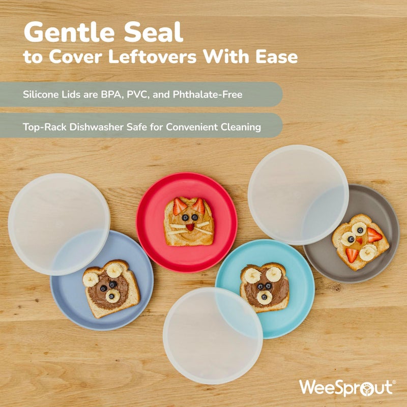 WeeSprout Bamboo Plates with Silicone Lids, Set of 4, Kid-Sized Dinnerware, Cereal, Leftovers & Snacks, Dishwasher Safe Melamine Dishware (Blue, Yellow, Orange, and Red) - Image 3