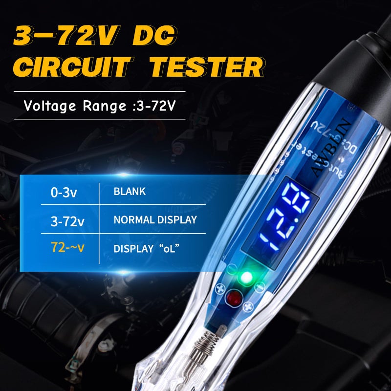 AWBLIN Test Light Probe Kit, 3-72V DC LED Digital Automotive Circuit Tester with Voltmeter, 18 Pieces Multi Function Auto Fuse Voltage Tester Electric Probe Test Kit - Image 4