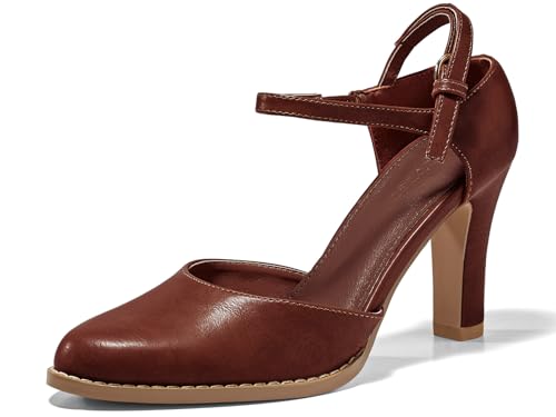 Coutgo Womens Chunky High Heels Closed Pointed Toe Ankle Strap Pumps Vintage D'Orsay Dress Party Shoes, Red-Brown, Size 6.5 - Image 1