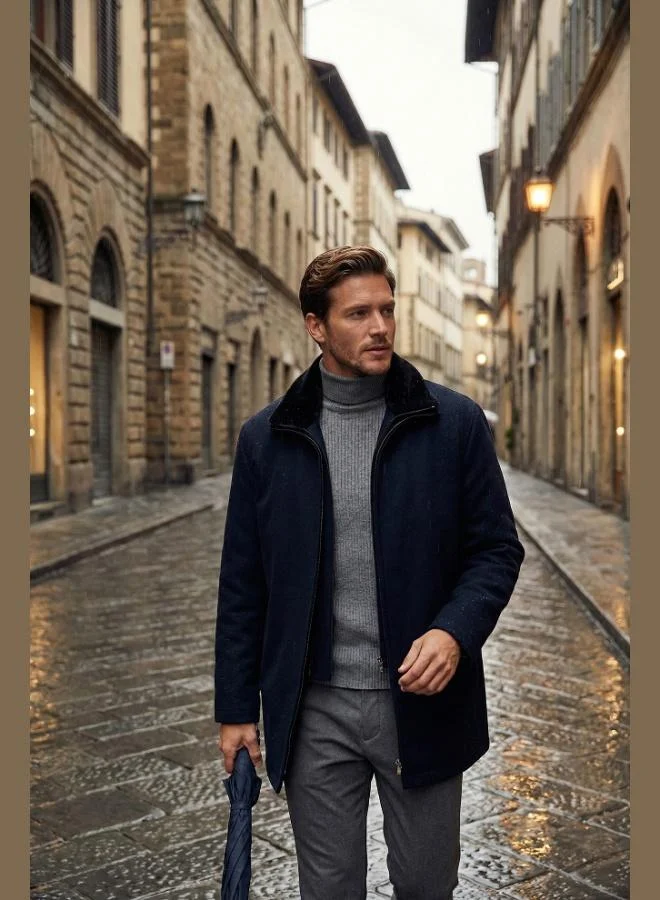 بوراتي معطف رجالي كشمير مبطن بياقة فرو قابلة للإزالة بقصة ضيقة من بوراتي