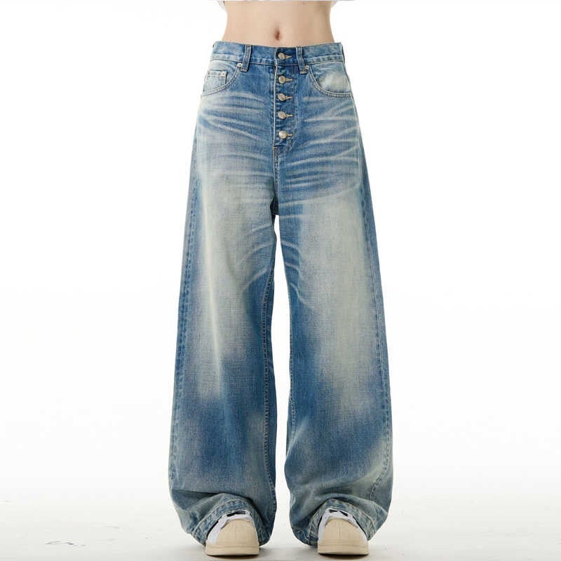 Washed Jeans Men'S High Street Ins Trendy Brand Loose Straight Pants Men'S And Women'S Buckle Design Wide Leg Pants - Image 5