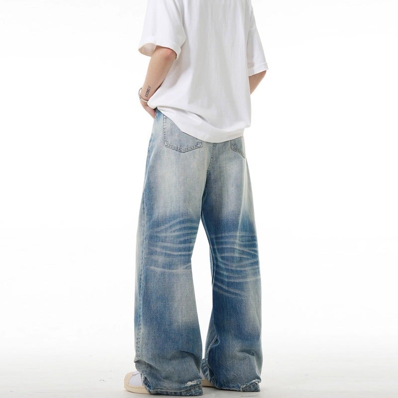 Washed Jeans Men'S High Street Ins Trendy Brand Loose Straight Pants Men'S And Women'S Buckle Design Wide Leg Pants - Image 4