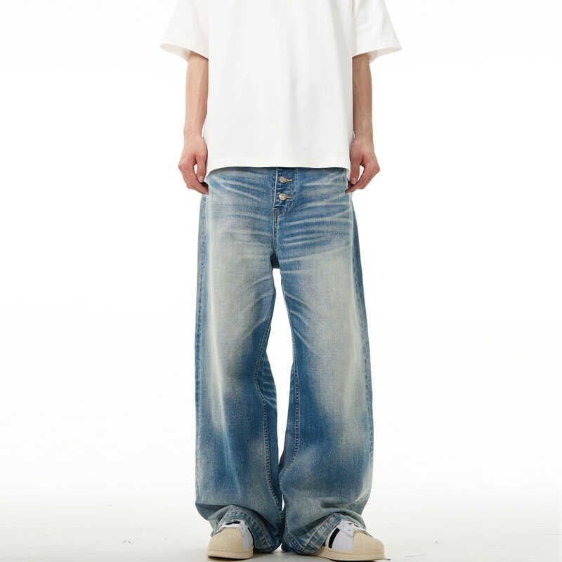 Washed Jeans Men'S High Street Ins Trendy Brand Loose Straight Pants Men'S And Women'S Buckle Design Wide Leg Pants - Image 1
