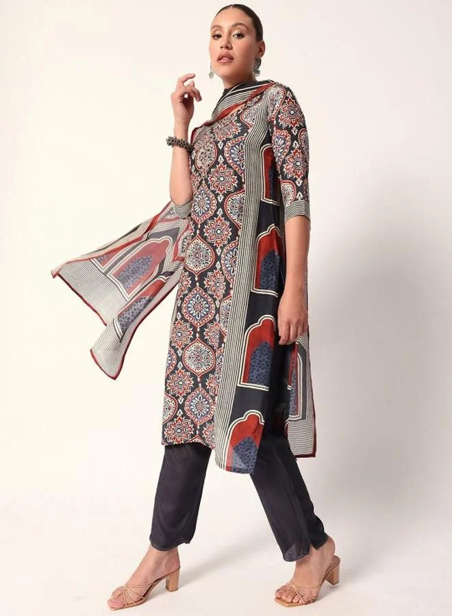 ISHIN Women's Black Cotton Blend Embellished Tunic Top With Ankle Palazzo Flared 3 Peice Kurta Set
