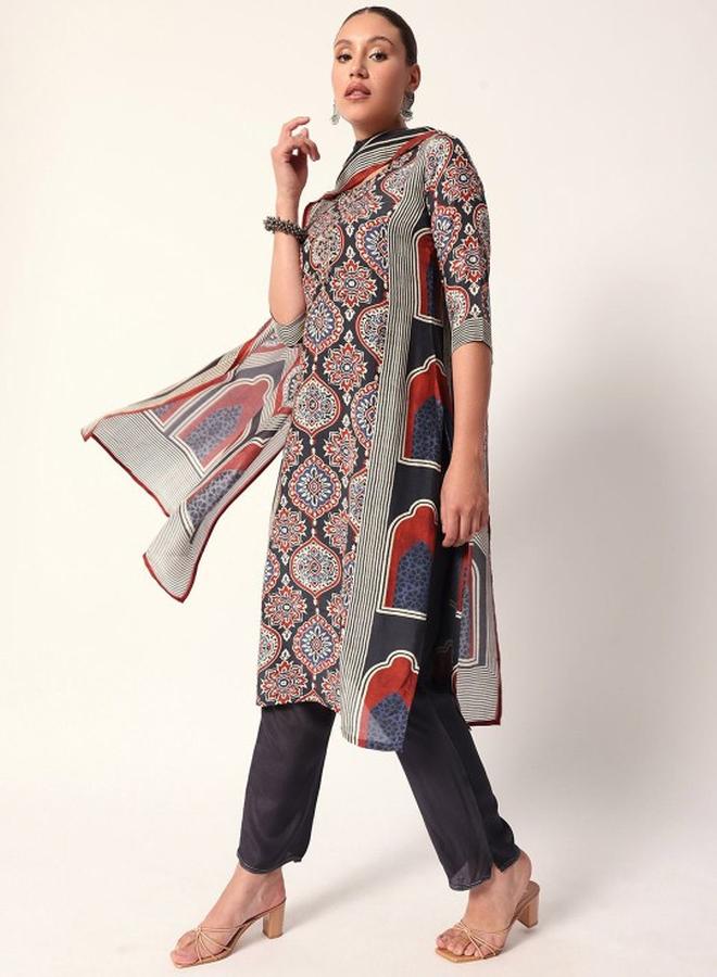 ISHIN Women's Black Cotton Blend Embellished Tunic Top With Ankle Palazzo Flared 3 Peice Kurta Set - Image 5