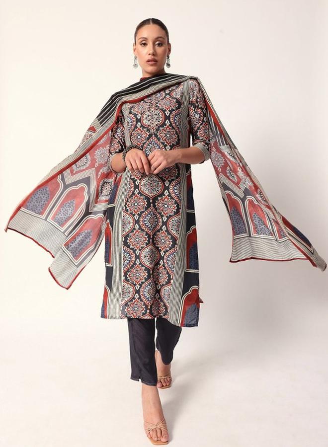 ISHIN Women's Black Cotton Blend Embellished Tunic Top With Ankle Palazzo Flared 3 Peice Kurta Set - Image 2