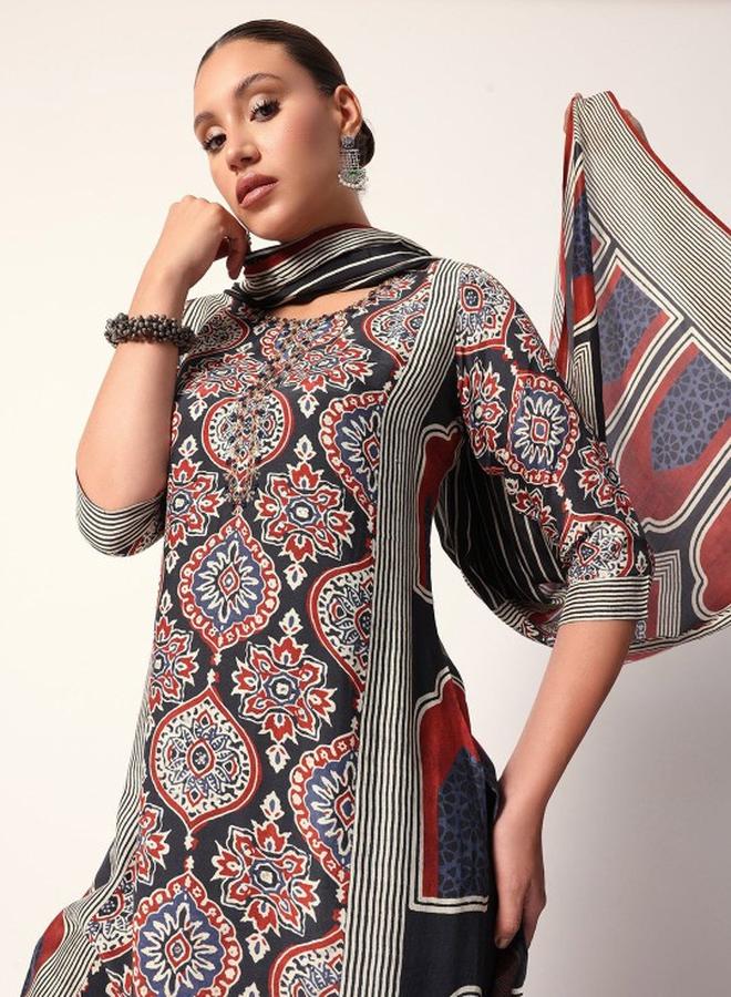 ISHIN Women's Black Cotton Blend Embellished Tunic Top With Ankle Palazzo Flared 3 Peice Kurta Set - Image 1