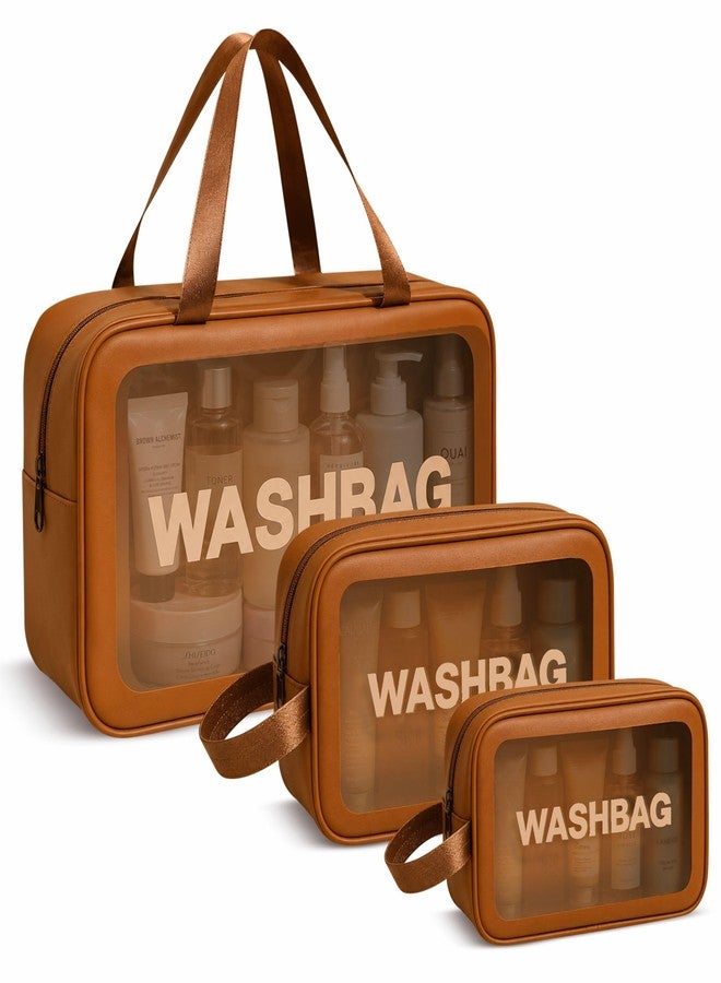 FLYNGO Clear Makeup Pouch Set, Cosmetic Organizer Bag for Women and Girls Travel Waterproof Toiletry Storage Kit (Set of 3 Tan Brown) - Image 1