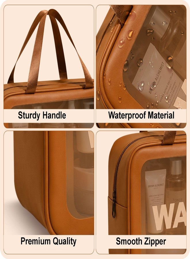 FLYNGO Clear Makeup Pouch Set, Cosmetic Organizer Bag for Women and Girls Travel Waterproof Toiletry Storage Kit (Set of 3 Tan Brown) - Image 3
