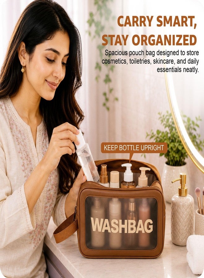 FLYNGO Clear Makeup Pouch Set, Cosmetic Organizer Bag for Women and Girls Travel Waterproof Toiletry Storage Kit (Set of 3 Tan Brown) - Image 2