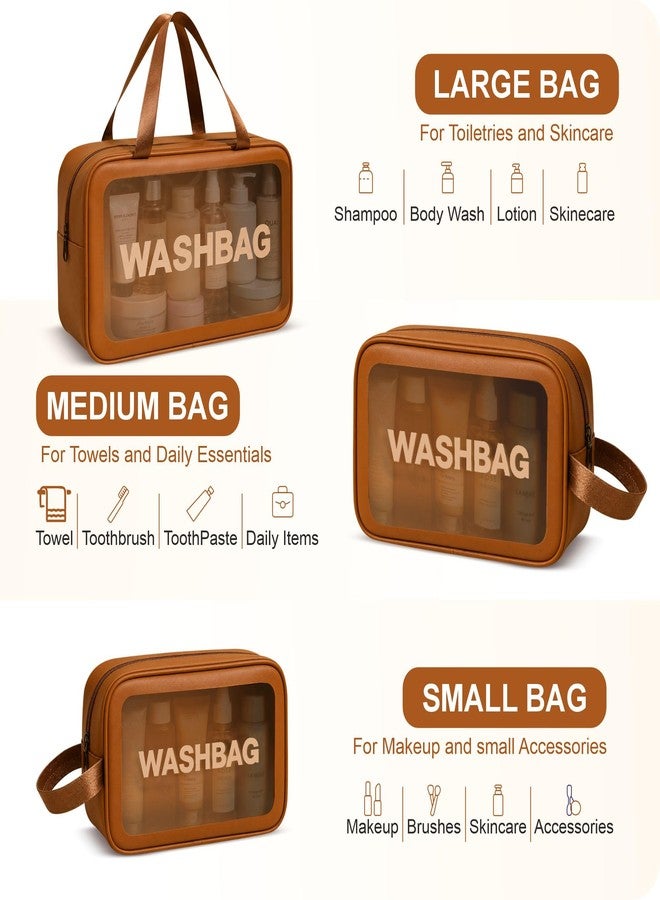 FLYNGO Clear Makeup Pouch Set, Cosmetic Organizer Bag for Women and Girls Travel Waterproof Toiletry Storage Kit (Set of 3 Tan Brown) - Image 4