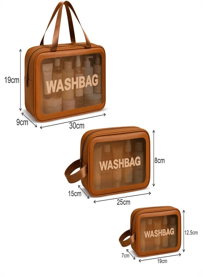 FLYNGO Clear Makeup Pouch Set, Cosmetic Organizer Bag for Women and Girls Travel Waterproof Toiletry Storage Kit (Set of 3 Tan Brown) - Image 5