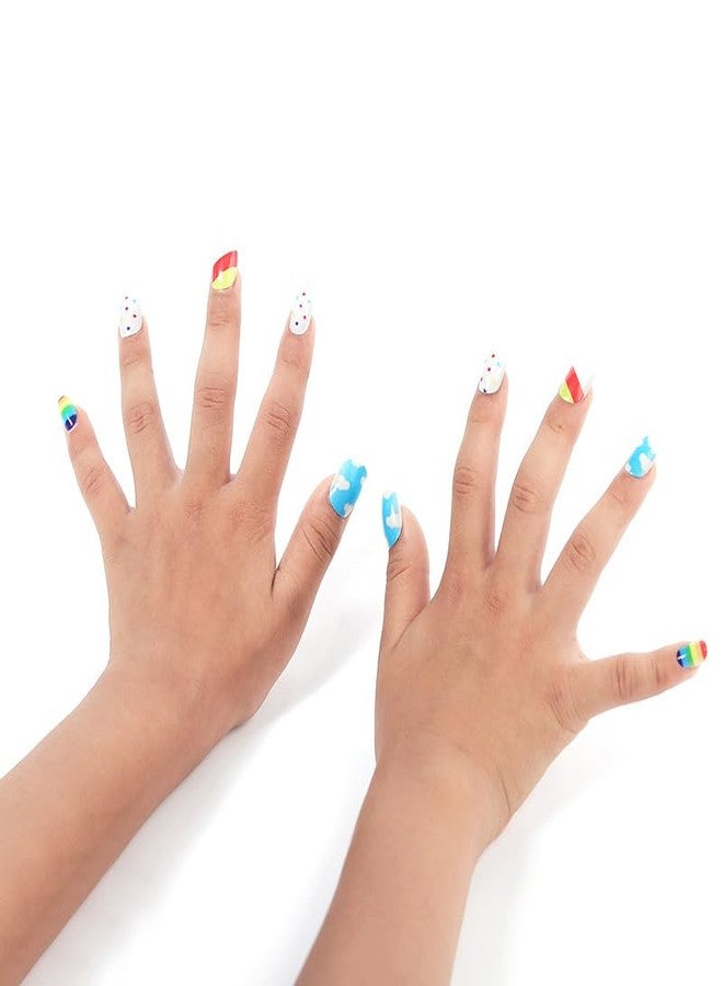 DHANABAPA 12 Pcs Fake Nails for Kids Girls, Colorful Full Cover Press-On Acrylic Nails with Multi Design & Patterns, Short Stick-On False Nail Tips Kit for Children, Easy to Apply Nail - Multicolor - Design. - Image 2
