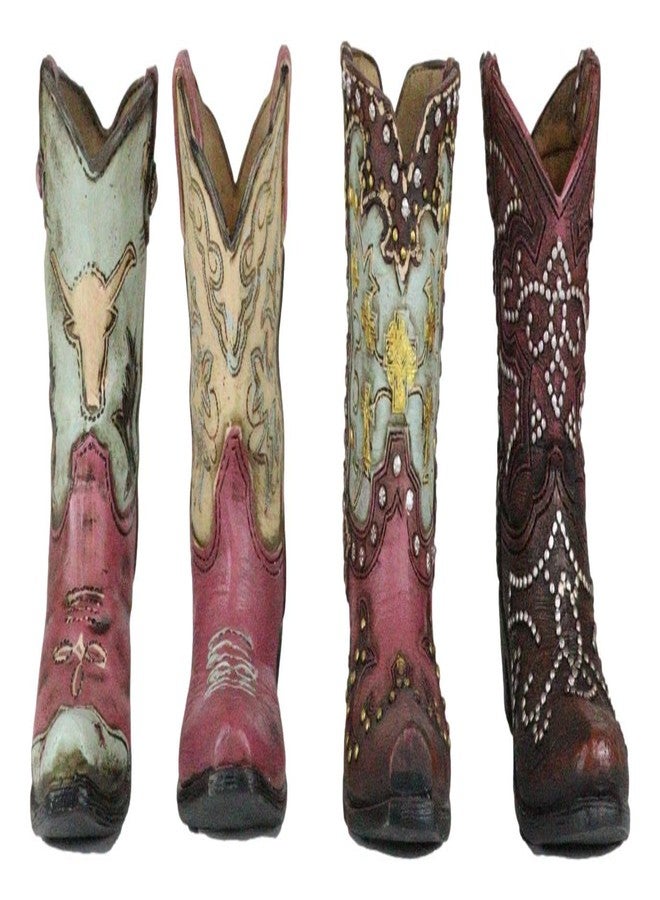 Ebros Gift Pack of 4 Rustic Western Cowboy Cowgirl Texas Longhorn Cow Silver Studs in Faux Tooled Leather Finish Boots Stationery Pen Pencil Make Up Tools Organizer Holder Figurines - Image 1
