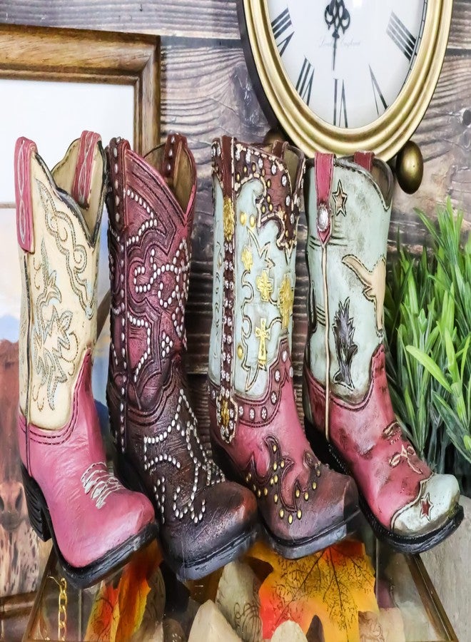 Ebros Gift Pack of 4 Rustic Western Cowboy Cowgirl Texas Longhorn Cow Silver Studs in Faux Tooled Leather Finish Boots Stationery Pen Pencil Make Up Tools Organizer Holder Figurines - Image 4